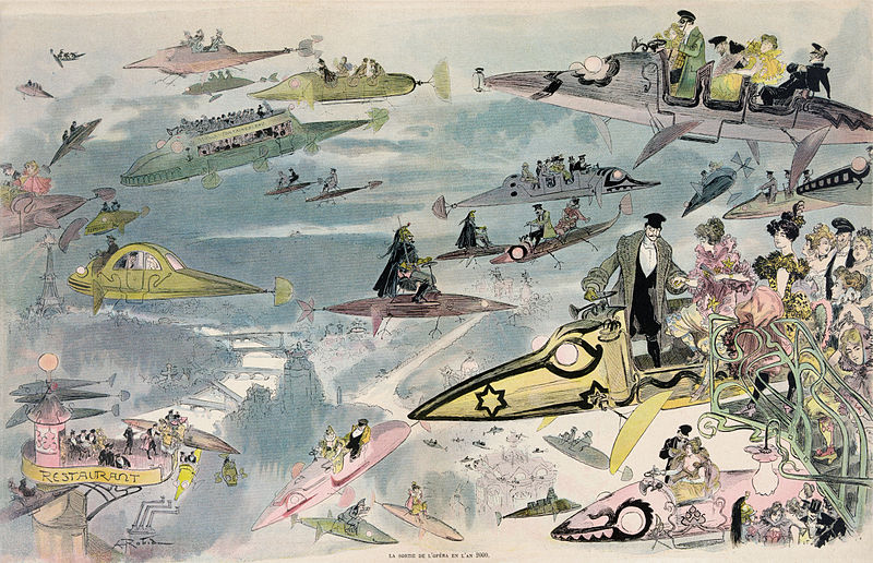 Sortie de l'Opera en l'an 2000: a painting from 1902 in which Albert Robida imagines people leaving the Opera in the year 2000
